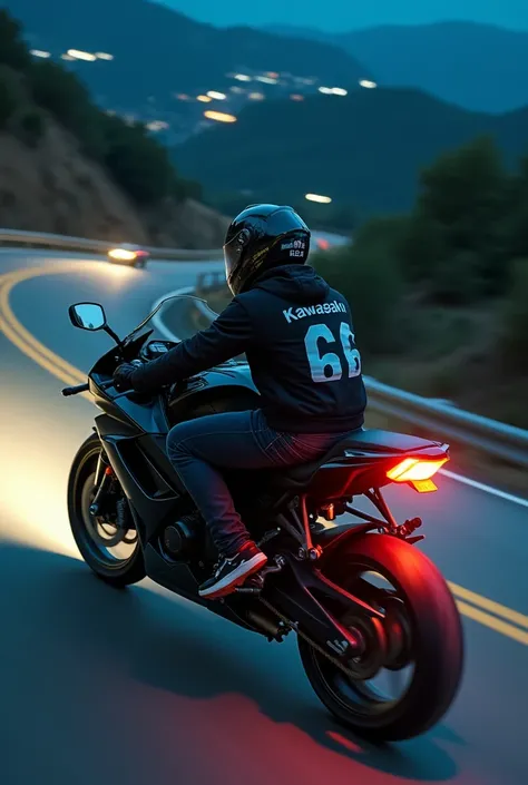 A boy on moto a bike and the moto bike is of kawasaki ninja h2r
 and he has ware a helmet and the helmer is looking cool on his head and 
his jeket name is Alone 
 and jeket number is 26 back view  and his age is 17 and the time was night on the hill


 