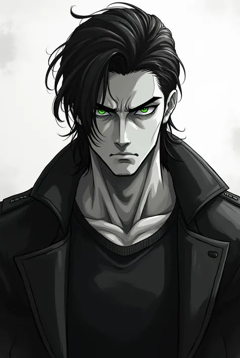 Rororogi mogera-style black and white anime drawing. Hombre 
Muscular 
 intimidating and shady looking with black hair brushed back and green eyes with dark circles, pronounced jaw, high ,with jacket, inviting 
