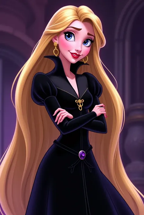 Disney princess Rapunzel reimagined as an evil villain in disney animated style. It should be the same as Rapunzel,but just give her a makeover of a villain. Keep the hairstyle and face same as original rapunzel. She is wearing black 