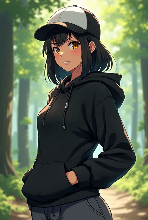  black hair,Orange Eyes, brown skin, medium hair , pretty girl,Neutral,Handsome Girls,cool, boyish, Tall,Muscular,Beautiful breasts, nice butt,All-around sports,Double teeth,A girl about , anime style,In the forest by day, black oversized hoodie ,Mouse-col...