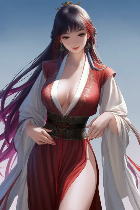 multicolored hair ,multicolored hanfu, medium breasts, very long hair, seductive smile, masterpiece, best quality, realistic, 8k, official art, cinematic light, ultra high res, perfect female body, sharp focus, guofeng, 1girl, solo, chinese clothes, realis...