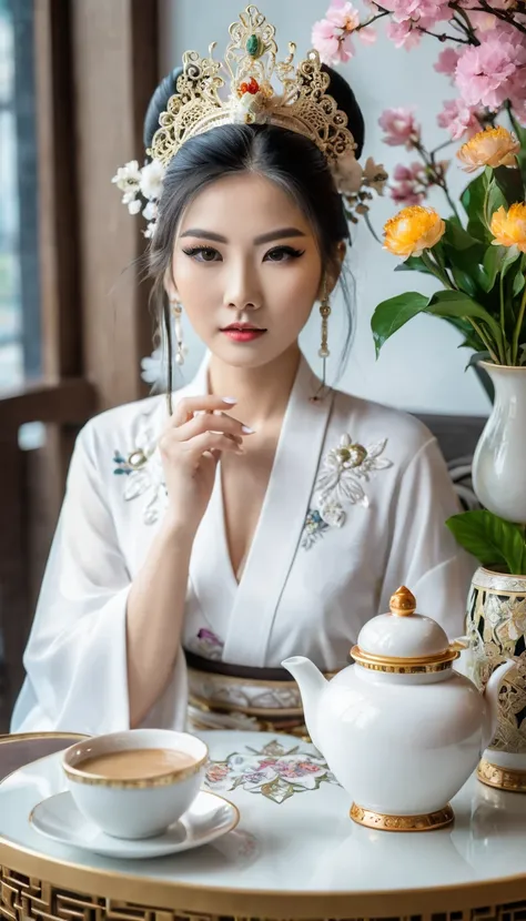 portrait of asian female model, white porcelain, using high-end cosmetics, cosplaying ancient princess costume, modern cafe setting, hot cup of coffee, a beautiful vase of flower on the table