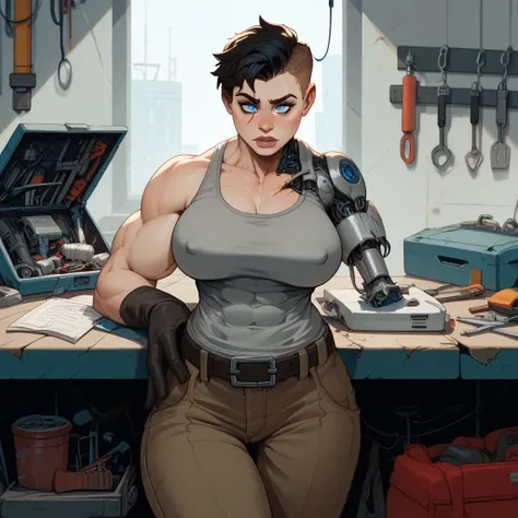 Young woman, short hair, black hair, tomboy, athletic, buff, big arms, chunky, glowing blue eyes, pale skin, large breasts, (nipple outline:0.7), wide hips, muscular, gray tank top, worried, baggy cargo trousers, tool belt, brown leather gloves, workshop, ...