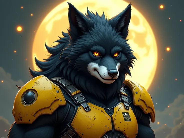 lobo (black fur, yellow and white) anthropomorphic muscular in a punk robot warrior costume, With brown eyes .  In addition to having small moons around his head ( as if your head were your center of attraction ,  the moons should be the size of your eyes ...