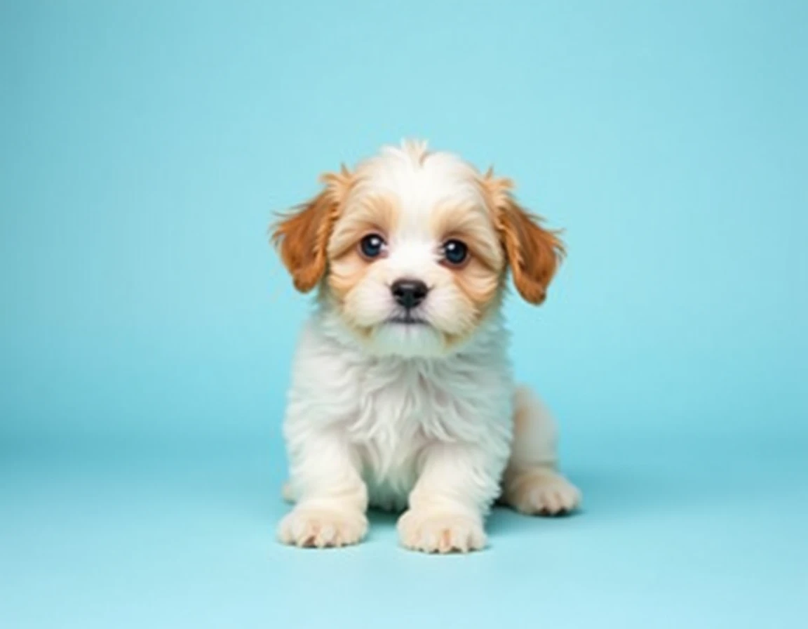 Cute maltipoo puppy dog on light blue background with copyspace
