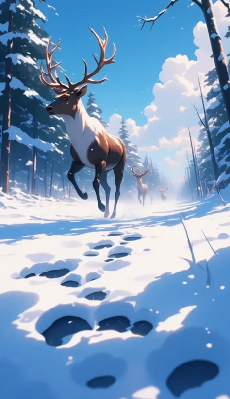 An anime illustration of a footprint trail left by a reindeer. The camera focuses on the footprint trail. Further away, the reindeer with its back facing the camera, is galloping high off the ground, with magic trail under its feet. bokeh effect, with focu...