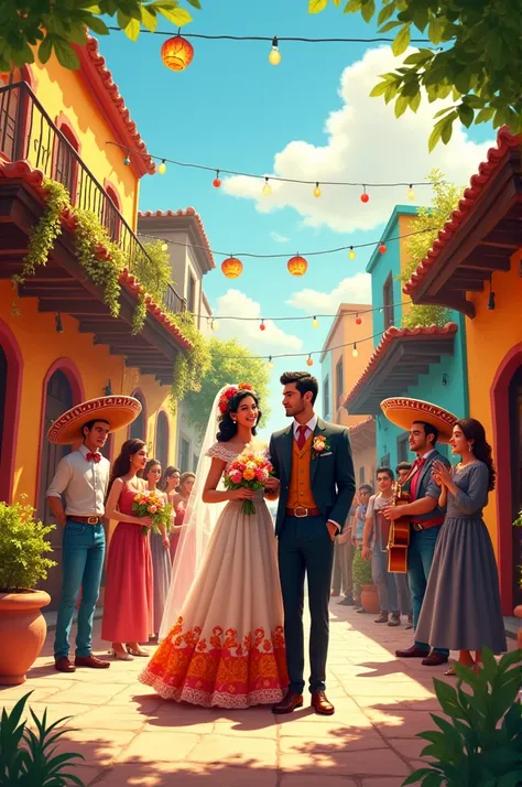  Draw an image of a Mexican town wedding that says "our wedding Karen and Michel "