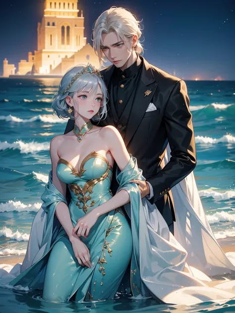  perfect composition on the board。 angle from above 。Portrait of two men and women 。On the sea at night with an old castle in the distance、 they are majestic and graceful 。 theyre both 25 years old and 、They have grown up 、 they have one man and one woman ...