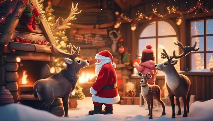 Santa Claus Village,  Santa Claus,  reindeer, snow,  Christmas tree,  cute animals , Handmade path , Magical World, Happy family,  Soft Lights ,  in front of a warm stove
