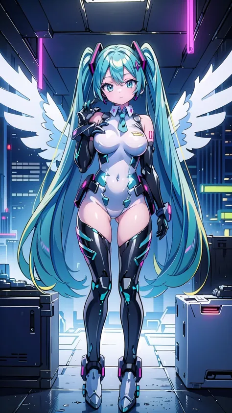  masterpiece  ,  ULTRA HIGH RESOLUTION, Hatsune Miku・VOCALOID, ((Mecha Girl)),  twin tails,  Light Blue Eyes,  light blue hair,  Bodysuit  , ((  Angel Wings )), (Mecha Girl), ((  Cyberpunk )),  ultimate physical beauty,  beautiful eyes , Big Breasts, Big B...