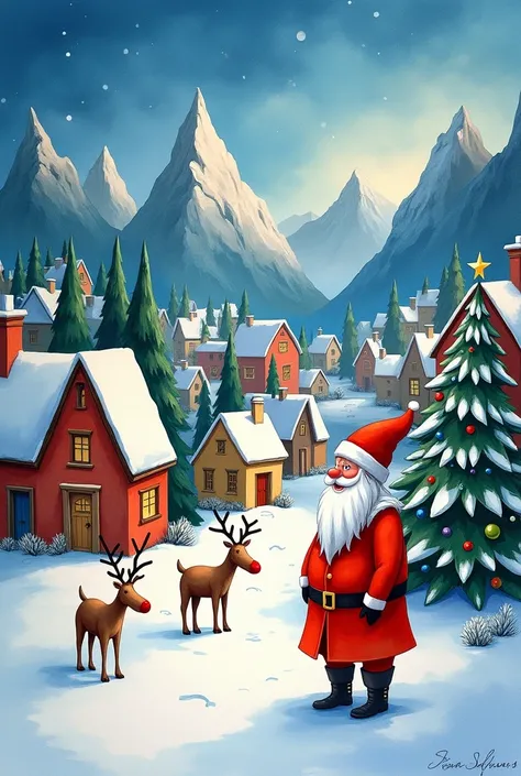 ((Watercolor:1.5)),((Picasso-style painting)), Details, high definition , top quality,masterpiece, Santa Clausのvillage, reindeer, Santa Claus,snow,village,Mountain, Christmas tree