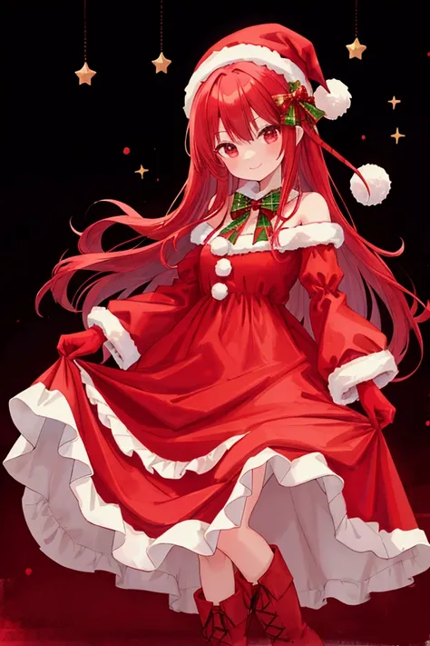  girl、smile、Santa hat、Red gloves、 long dress 、Gothic、red and green plaid、 One Piece Dress、 Long Skirt、Frills、 boots、 Christmas tree