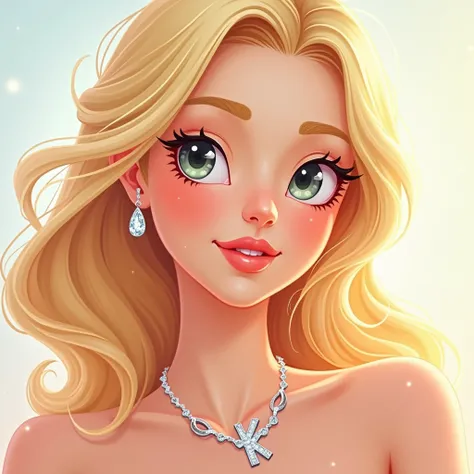 Beautiful cartoon woman blonde hair wearing diamond necklace with initial "K"