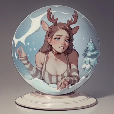 ((A gorgeous Christmas witch is visiting her captive who is trapped in a magical snow globe that acts as a prison)). Trapped inside the snow globe is a tiny sexy woman being transformed into a female deer ((feminine human body with deer-like features))