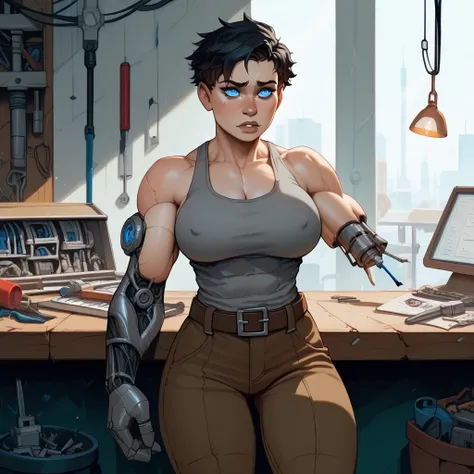 Young woman, solo, short hair, black hair, tomboy, athletic, buff, big arms, chunky, glowing blue eyes, pale skin, large breasts, (nipple outline:0.7), wide hips, muscular, gray tank top, worried, baggy cargo trousers, tool belt, brown leather gloves, work...