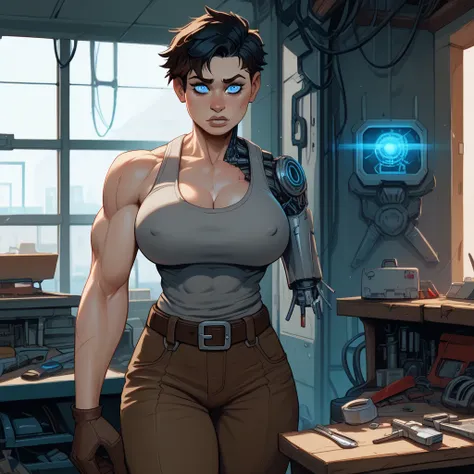 Young woman, solo, short hair, black hair, tomboy, athletic, buff, big arms, chunky, glowing blue eyes, pale skin, large breasts, (nipple outline:0.7), wide hips, muscular, gray tank top, worried, baggy cargo trousers, tool belt, brown leather gloves, work...