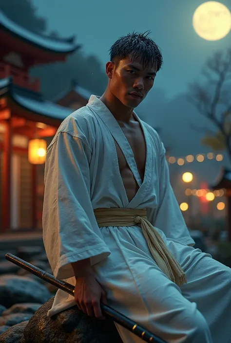 Age 25　 Muscle Mans hair and face are wet　 Its snowing　 splashes　 skinhead　Muscular　Wrestler system　Short Hair　　 full moon　　Hold a golden bow stick and hold it up　 is wearing a traditional Japanese kimono　Midnight　Light from the building 　More realisticall...