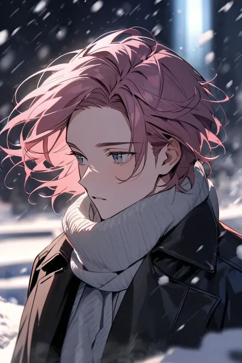 Handsome, solo, beautiful man, dark pink hair, hairstyle that shows his forehead, short hair, he wears a scarf around her neck, wears a black coat, has white breath, snow is falling, and her hair on the side is blowing in the wind.