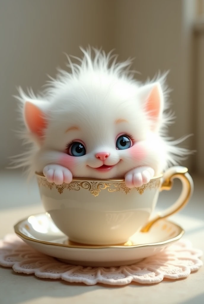 ((masterpiece, highest quality, Highest image quality, High resolution, Extremely detailed photography, 8k wallpaper)), cutest lazy and fat baby creature in the world, long curly hair, white, blue eyes, smiling , in a teacup