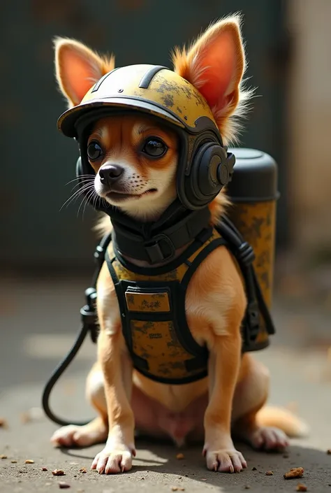 Create a Chihuahua puppy that wears the helmet and vest from Counter Strike 2, And on his back he has to carry the c4 from the video game,  and for the image to be on the side, for c4 to be distinguished , That the c4 is tied with a thin rope