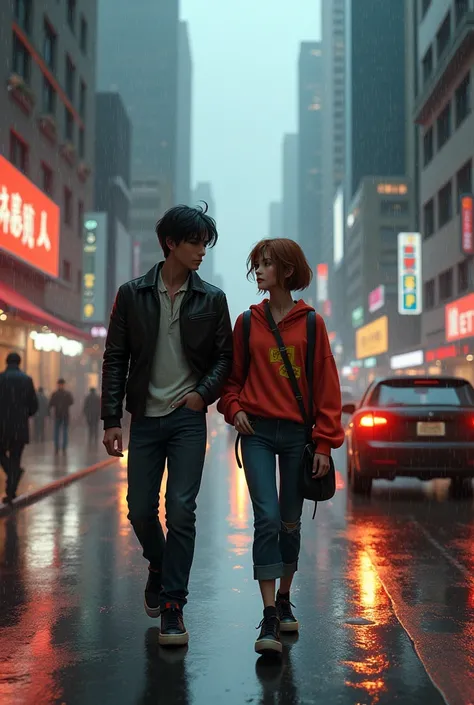 A city on a rainy day and two ren on the street in the year 1995