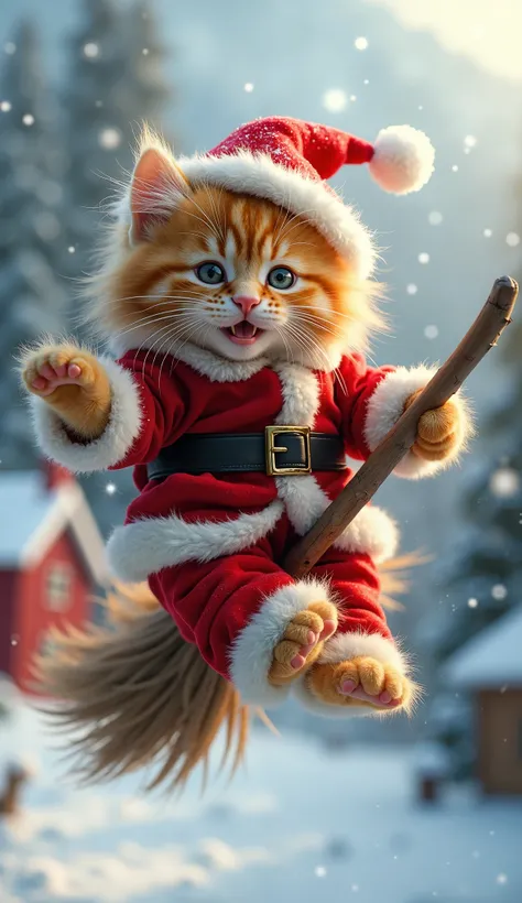 Realistic. Photorealistic. Image is vibrantly colored.
photo,Highly detailed

A fluffy kitten is wearing a Santa Claus costume and flying on a broomstick.
The kitten is smiling and in the air, straddling the broomstick with both legs and holding it in one ...