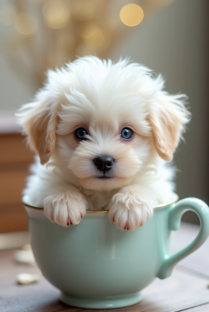 ((masterpiece, highest quality, Highest image quality, High resolution, Extremely detailed photography, 8k wallpaper)), cutest puppy in the world, long curly hair, white, blue eyes, smiling , in a teacup