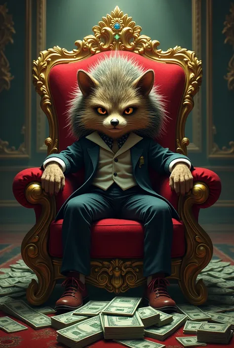 Picture of gangster hedgehog sitting on a throne with pules of cash around him. Digital Art. Explicit. Epic. Badass.
