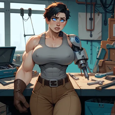 Young woman, solo, short hair, black hair, tomboy, athletic, buff, big arms, chunky, glowing blue eyes, pale skin, large breasts, (nipple outline:0.7), wide hips, muscular, gray tank top, worried, baggy cargo trousers, tool belt, brown leather gloves, work...