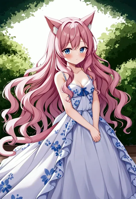  girl、Grown-up、 smiles、Pink Hair Color、 long hair、Wavy Hair、 side tail、 floral dress、Young lady、Western-style garden