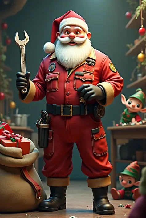  I want you to make a Santa Claus with the happy expression . Wearing a mechanics clothing ,  that he is holding a wrench and that there is a bag with gifts on one side,  while on the other side there are leprechauns  