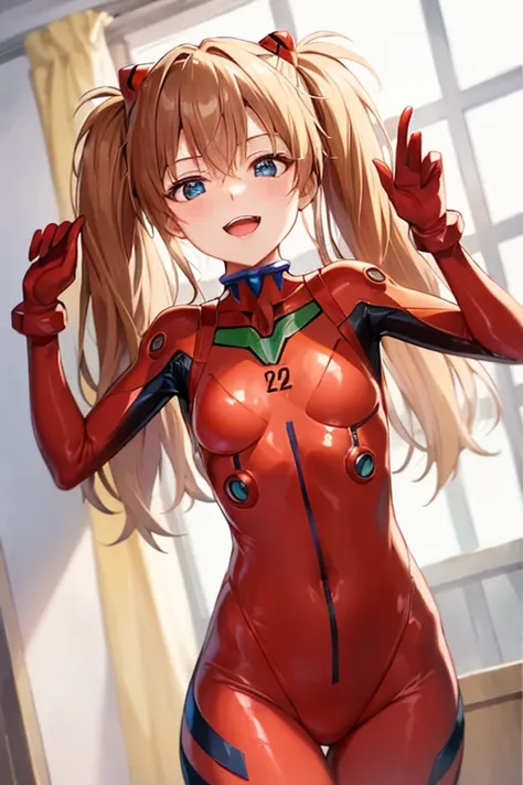 (( top quality)), ((masterpiece)), (be familiar with),  perfect face, indoor, bedroom,  watching viewers,
One woman,  Soryu Asuka Langley,
 open mouth,  with an ecstatic expression , blush, smile,
 small tits,  flat chested, Young girl, Lori,  s,  girl,
 l...