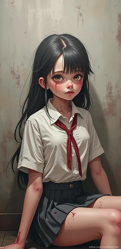 Create an image of this girl in a schoolgirls uniform and mini skirt with a sexy and morbid look