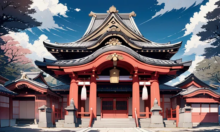 scenery, a red and white building, shrine main building, Shrine of Japan, Kyoto inspired, ancient japanese architecture, japanese heritage, new year decoration, a front view, pastel color