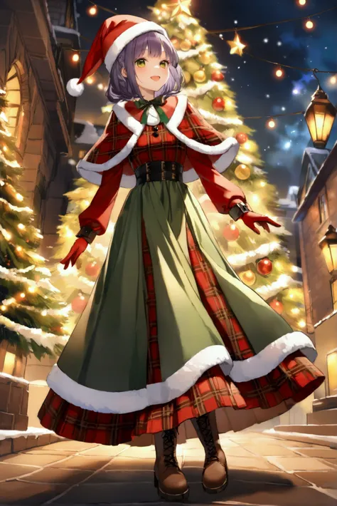  girl、smile、Santa hat、Red gloves、 long dress 、Gothic、red and green plaid、 One Piece Dress、 Long Skirt、Frills、 boots、 Christmas tree