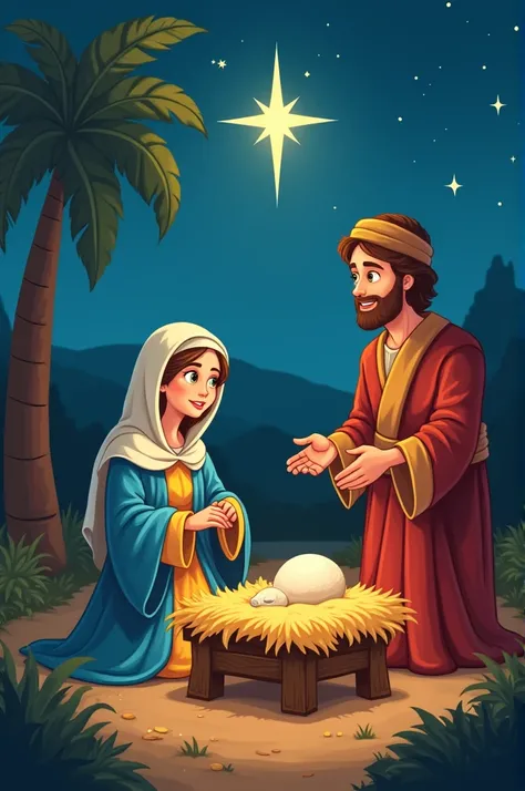 Mary, Joseph in manger 
cartoon
