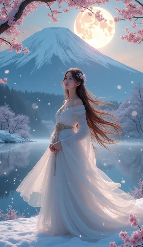 goddess 、Princess Kibanasaki、Cherry blossoms and snow, mount. Fuji Mountain, lake, full moon, Light Snow, high quality, Long Hair, Brown Hair, chest, smile, 