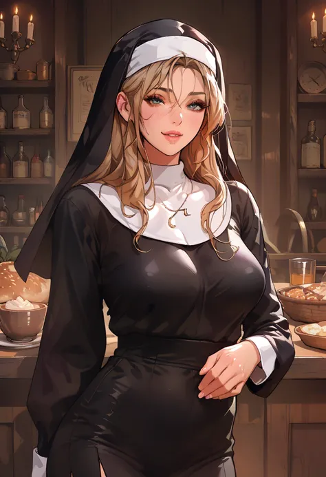 Sexy nun in a butcher shop 