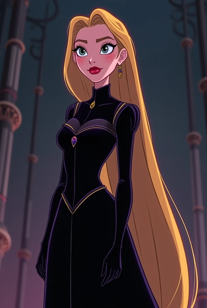 Disney princess Rapunzel reimagined as an evil villain in disney animated style. It should be the same as Rapunzel,but just give her a makeover of a villain. Keep the hairstyle and face same as original rapunzel. She is wearing black 