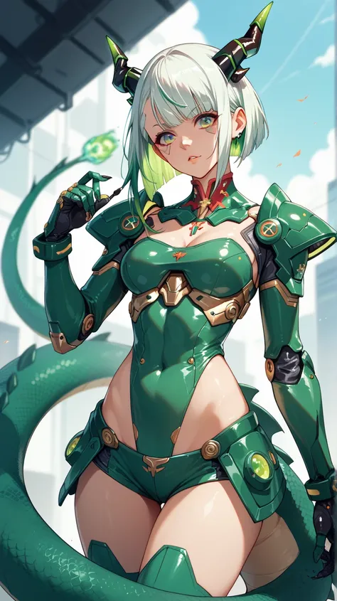 An adult dragon-girl armored, wearing cyberpunk russian culture inspired armor with big dragonic horns, thick reptile tail, white, black and green color pallete, short white hair with green highlights. anime art style 