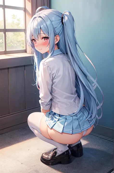 1girl, , light blue hair, long hair, two side up hair, school uniform, miniskirt, pleats skirt, bare ass, back, smile, (blush:1.5), White panty, thin legs, thigh-highs, Loafer, asian squat,