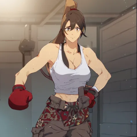 black hair,masterpiece,best quality,highres,ultra-detailed,aashizue,yellow eyes,long hair,cargo pants,(tank top:1.2), boxing gloves,cleavage,toned, sweating, (sleeveless:1.4),cowboy shot,