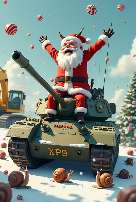 Happy Santa Claus , With devil head , sitting on a tank ,  in the background is a yellow excavator ,  the landscape is with snow ,  on the tank is written XP9 , Santa Claus throws candy into the air,  snails stand around the tank and celebrate, Christmas d...