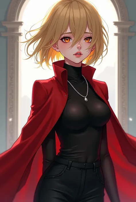 Beautiful cold 20-year-old blonde short haired girl  (hair covering her left eye ) black pants and red turtleneck cape covering up to the hips anime version