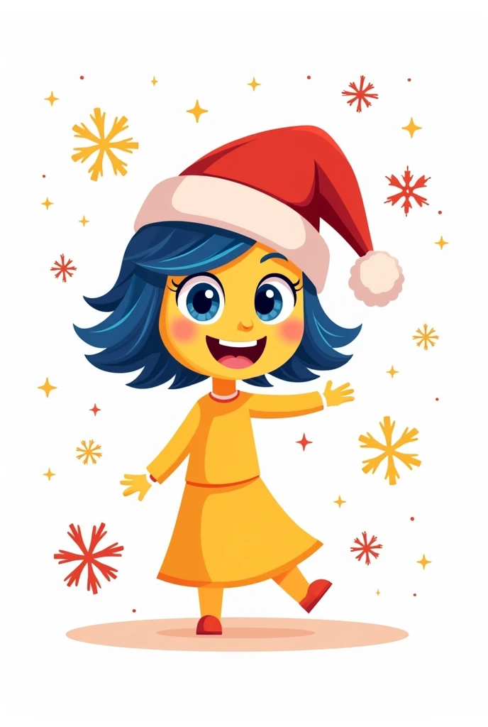 Create an identical image of the character ALEGRIA (InsideOut - Intensely )  wearing a Santa hat surrounded by typical Christmas details,  snowflakes and sparkles .  flat vector image without depth.  white background 