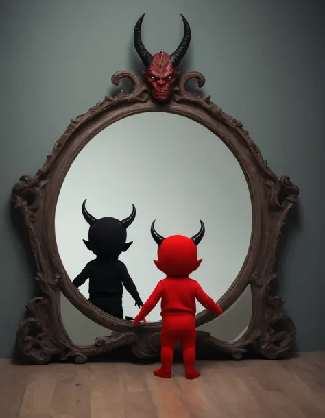 A small  is looking in a mirror where there is a devil in the mirror