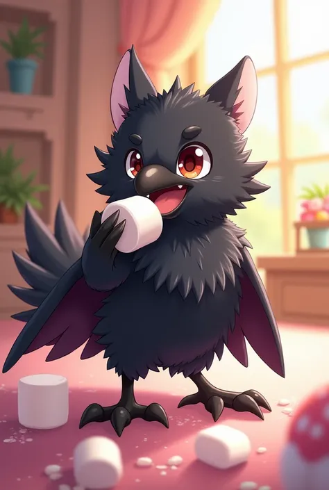 Anime furry crow eating marshmallows