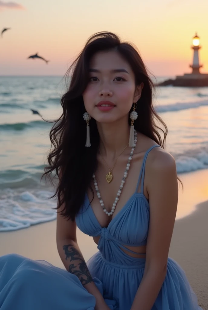 long shot,photography,An adorable Taiwanese woman, with long black wavy hair, sitting on the beach at sunset. She wore an elegant blue dress with an open design, wearing a bobble necklace and long earrings. There is a tattoo on his arm. The background show...