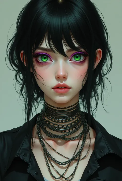 
Make a image Of A dark brown  haired woman with green eyes that have a ring of violet in them.  She is pale and wear lots of metal necklesses . She uses self made clothes that dont quite match. She HAS  A VIOLET RING COLOR TOBHER EYES.