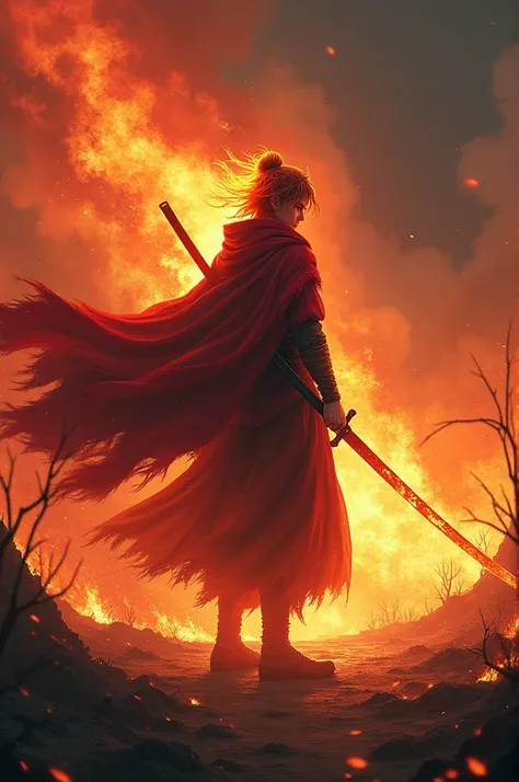 "A fierce swordsman with flaming red and yellow hair stands at the center of a burning forest, his katana ablaze with fiery energy. His cloak flutters dramatically as embers fill the air, and a determined, fiery gaze pierces through the chaos. The backgrou...